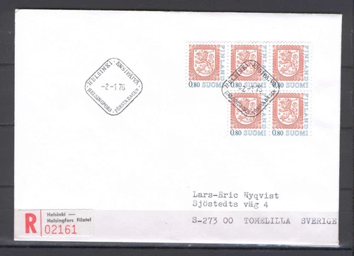 Finland C77 FDC 1976 5v Addressed Registered Coat of Arms /0.80/