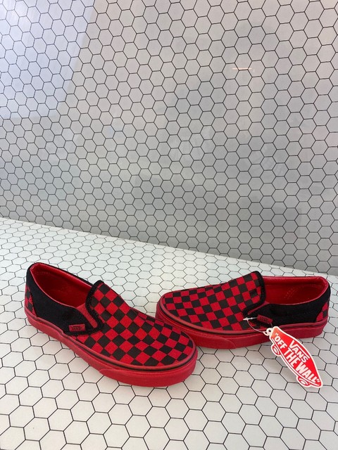 red and black checkered vans slip ons