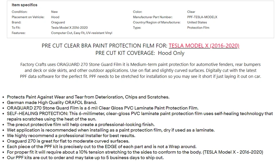 Stone Guard Paint Protection Film Clear Bra PPF For Tesla Model X 16-20 Hood - Image 4 of 4