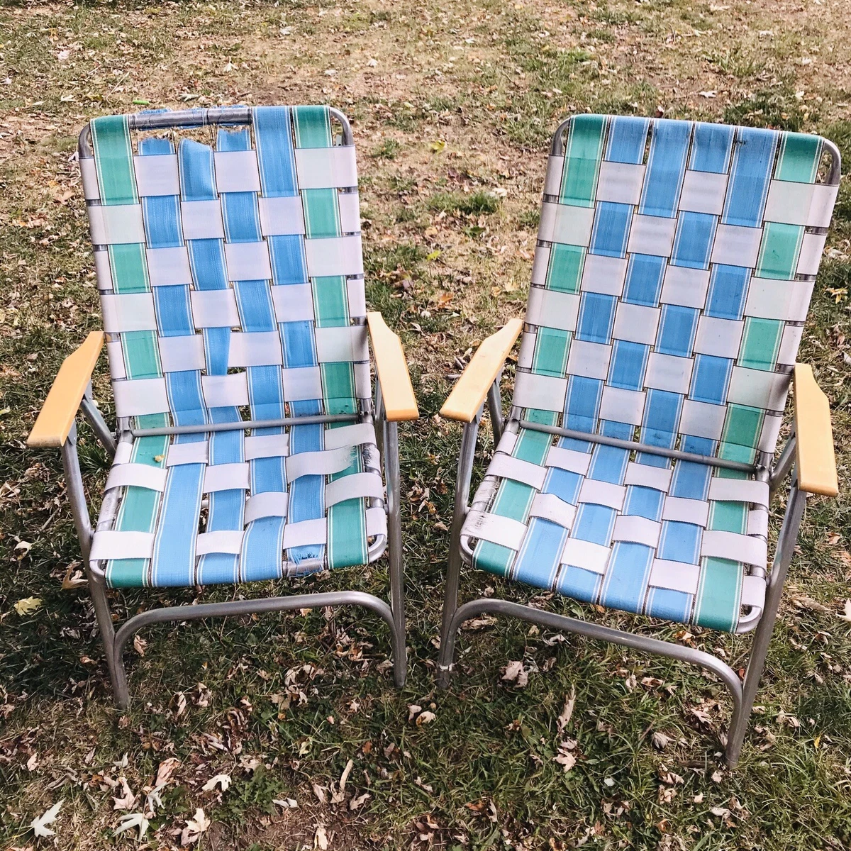 2 Aluminum Woven Webbed Folding Metal Lawn Chairs Vintage eBay