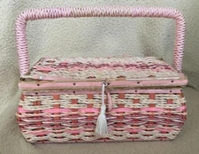 VINTAGE SEWING Box / Satin Pin Cushion Woven Wicker Basket Pink White JAPAN Wood