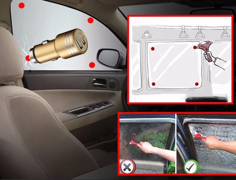 Safety Hammer Stainless Steel Dual USB Ports Power Adapter Car Charger 2A  - Image 3 of 4