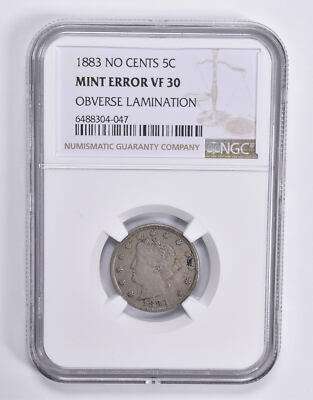 MINT ERROR VF30 1993 Liberty V Nickel No Cents OBV Lamination NGC