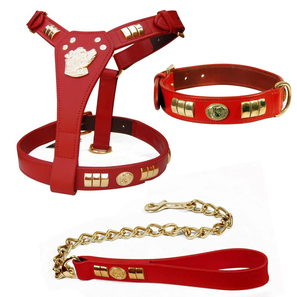 LEATHER DOG HARNESS (DOG MOTIFF)* COLLAR & CHAIN LEAD COMBINE SET BRASS FITTINGS - Image 4 of 4