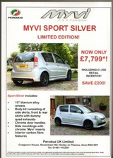 Perodua Myvi Sport Silver Limited Edition 2012 UK Market Single Sheet Brochure