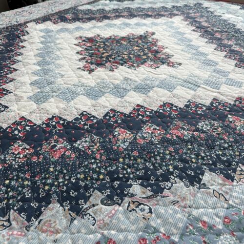 Vintage Faux Patchwork Quilt Handmade, 87” X 87”, Blue Paisley Queen/Full/Twin - Picture 1 of 13