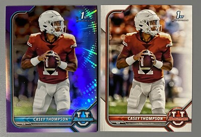 Two 2021 Bowman University Chrome Casey Thompson: Purple Refractor & Base