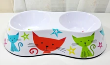 NWT Colorful Whisker City Melamine Cat Food & Water Double Bowl 10 oz Ea