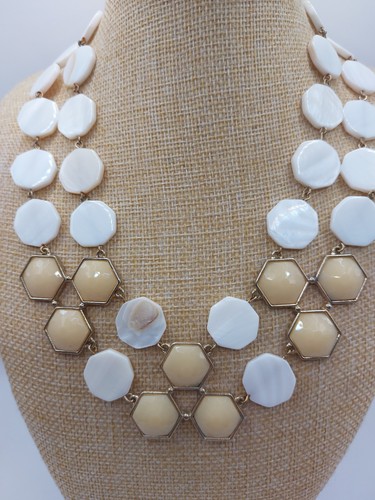 MOP Summer Hexi Beaded Necklace Goldtone Cream Hexi Acrylic Accents