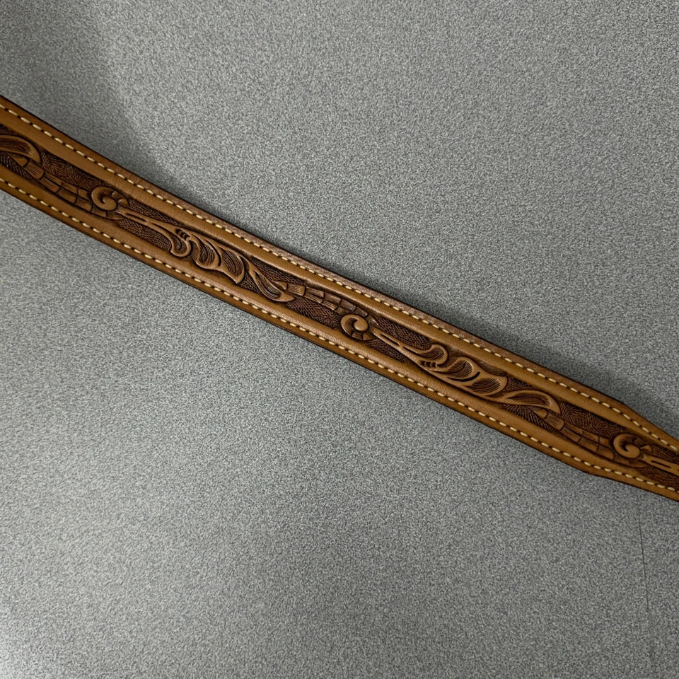 Textan Tooled Leather Belt Mens 32 Brown Embossed Brass Tip Western Cowboy USA - Image 3 of 4