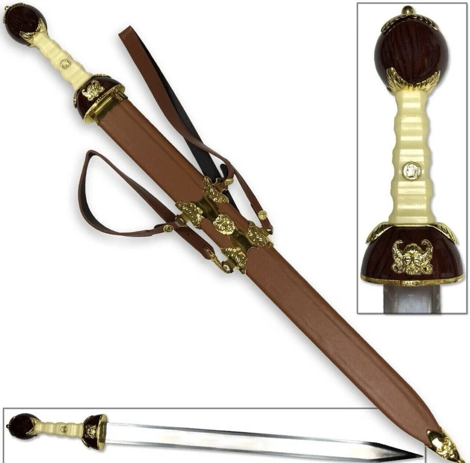 Espada Gladiador Romano Máximo Oro Medieval Gladius | Vaina Envuelta en Cuero Foto 4 de 4