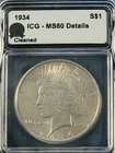 1934-P Peace Silver Dollar MS60 Details ICG