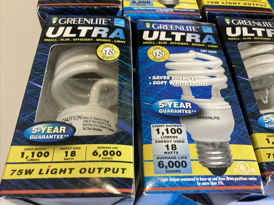 GREENLITE 75W Salida de Luz Bombillas Espiral Blancas 1100 Lúmenes 18W 6000 Hrs, Lote 15 Foto 2 de 4