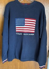 VTG Y2K Chaps Ralph Lauren USA Flag Hand Knit Sweater Men’s L Preppy 100% Cotton