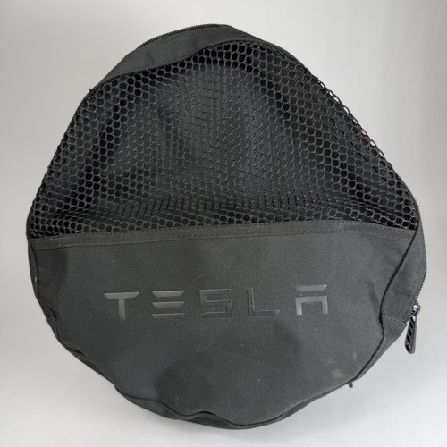 Tesla Black Round Zippered Storage Bag Case Mesh Pocket Handle Organizer