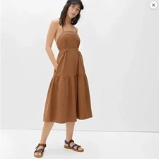 Everlane Pinafore Cotton Midi Cottagecore Tiered Summer Dress, Tan Brown size 2
