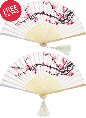 #ad 2 Pieces Handheld Fans Silk Folding Fans with Bamboo Frames Handheld Portable Ch $15.51