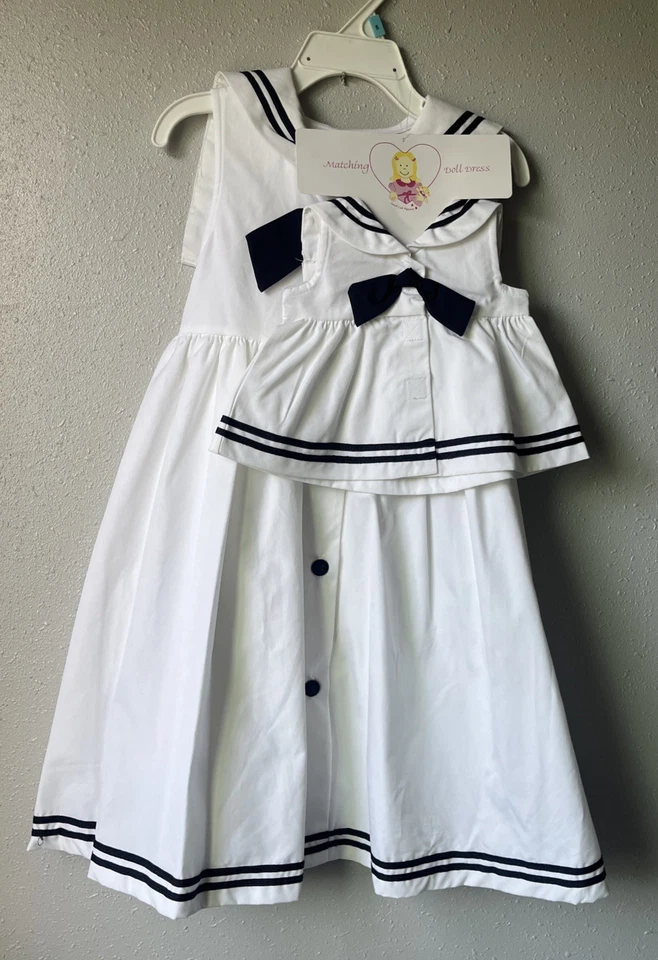 Vestido Good Lad Apparel Niña Blanco Marinero Sin Mangas Talla 5 Vestido Muñeca a Juego Foto 2 de 4
