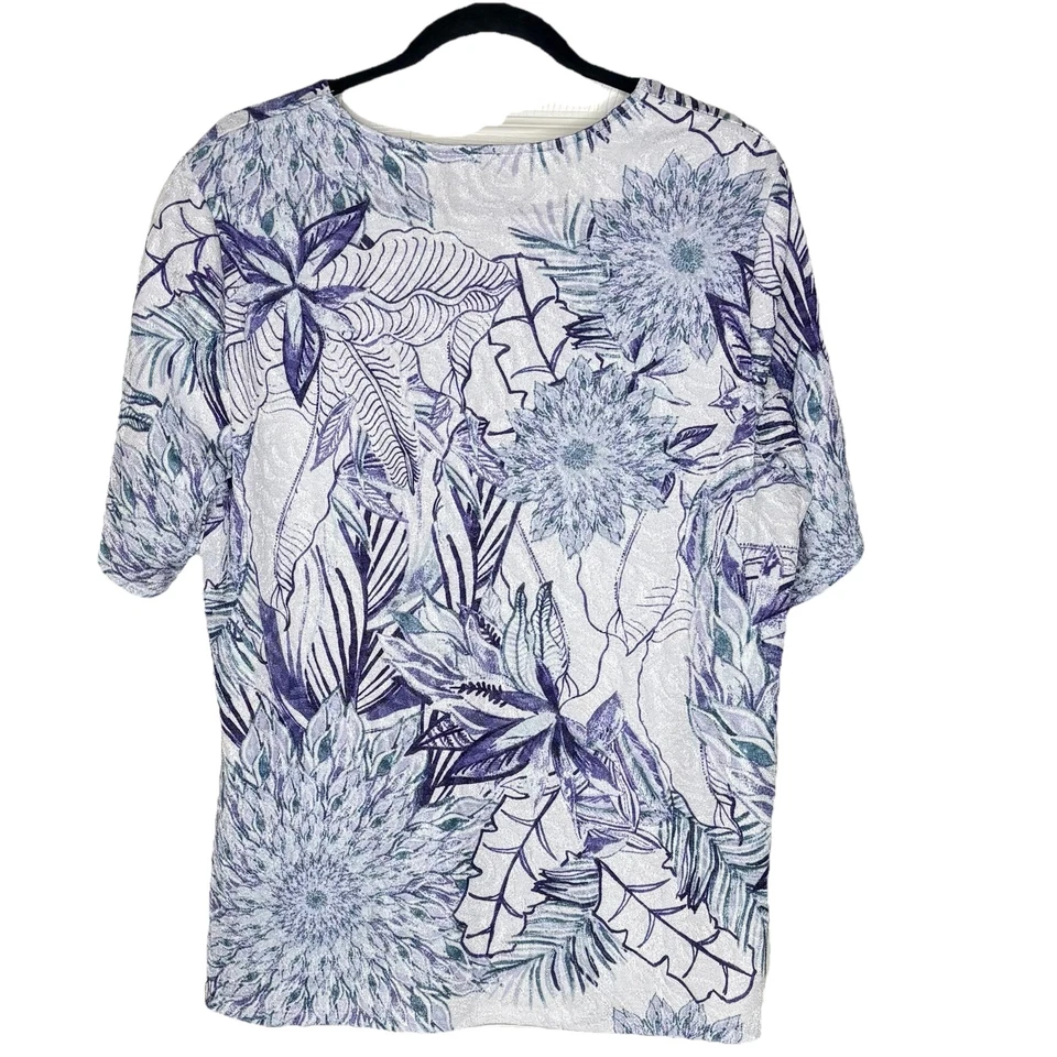 Camisa Top Tropical Chico’s 3 Easywear Talla XL Púrpura Verde azulado Elástica Manga Corta Foto 4 de 4