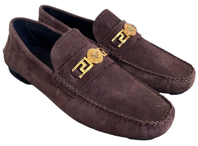 NIB Versace Medusa Logo Greca Gold Brown Suede Driving Shoes Loafers Sz 46 US 13