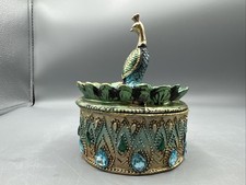 Peacock Round Trinket Jewelry Box Embellished Rhinestones Green Blue Gold Chip