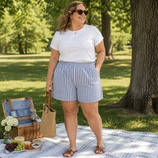 Lands' End Mid-rise Pull-on Shorts in Blue  White Stripe Coastal Women's 18W