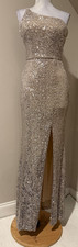 XSCAPE Womens One Shoulder Long Silver Sequin Evening Occasion Dress - Sz 2