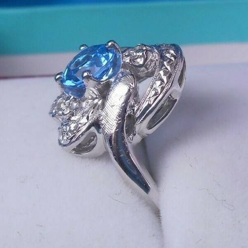 1.25 CT Genuine Blue Topaz & Diamond Accent Ring – 14 KT White Gold - Picture 4 of 8