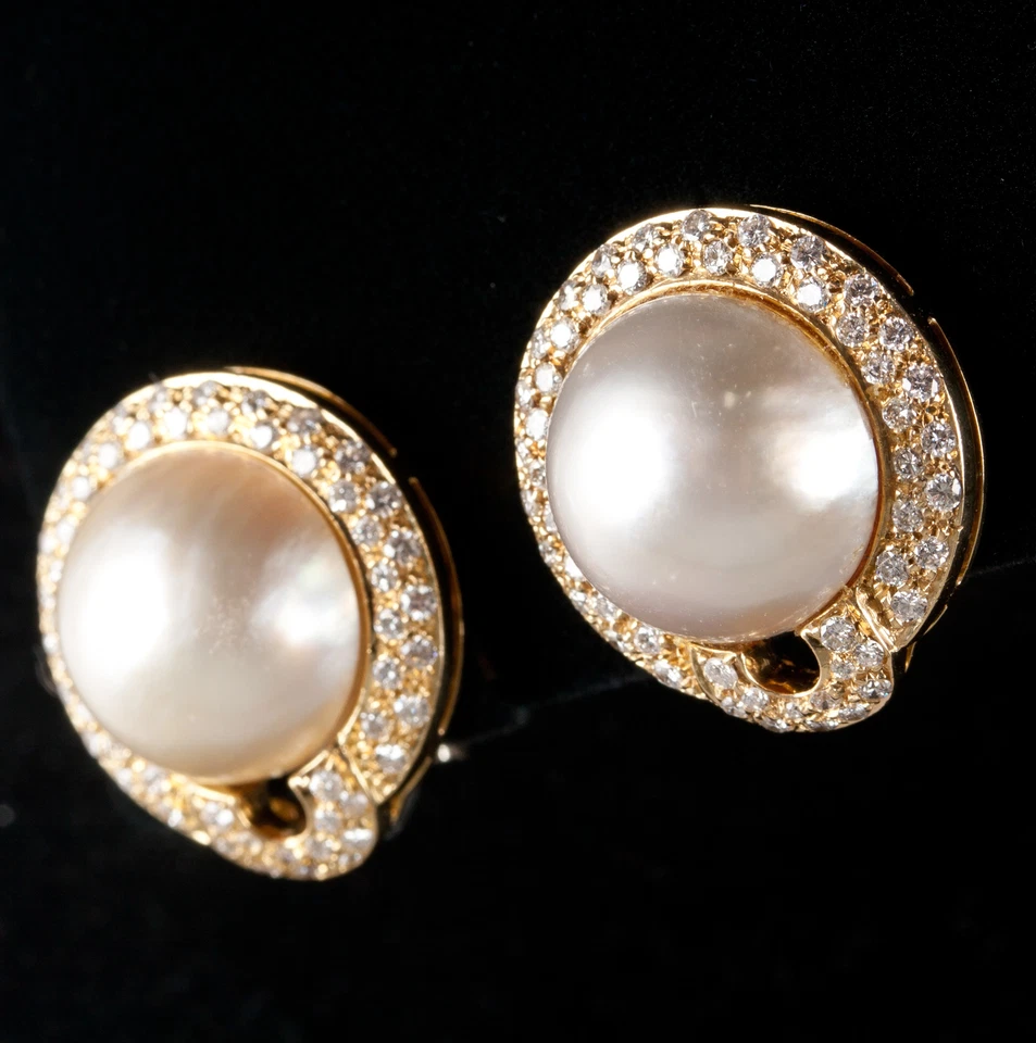 18k Yellow Gold Mabe Pearl & Diamond Huggie Earrings W/ Omega Backs .75ctw - Image 3 of 4
