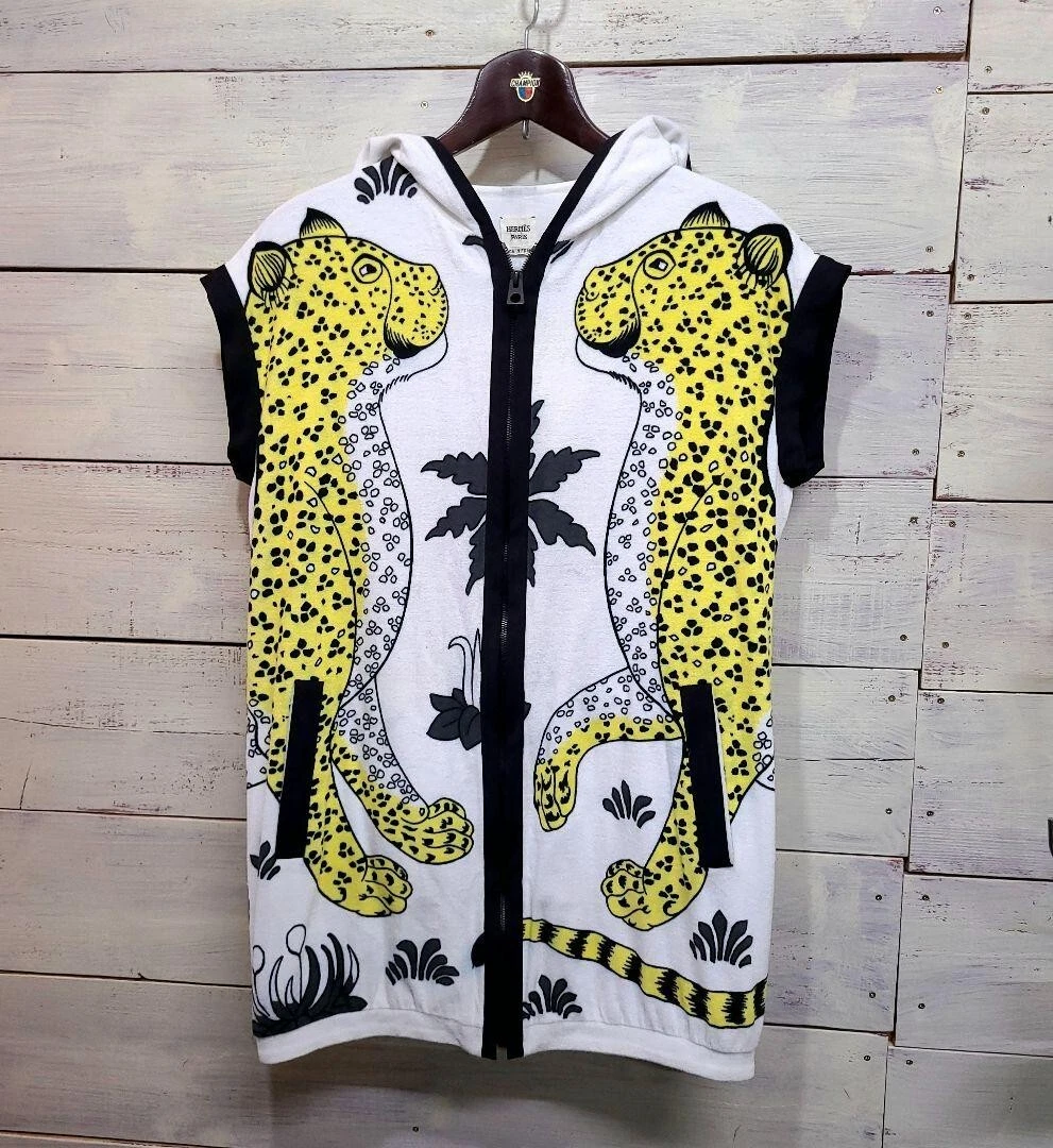 HERMÈS HERMES giacca con cappuccio smanicata animalier stampa leopardata uomo taglia 34 originale