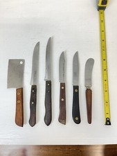 6 Vintage Wood Handle Kitchen Knives Hickory Ekco Flint Imperial Stainless USA