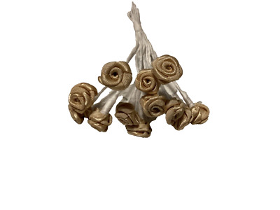 12 Bandrosen am Stiel 15 mm Satin Blumen Basteln Rose BLASSGOLD - B3