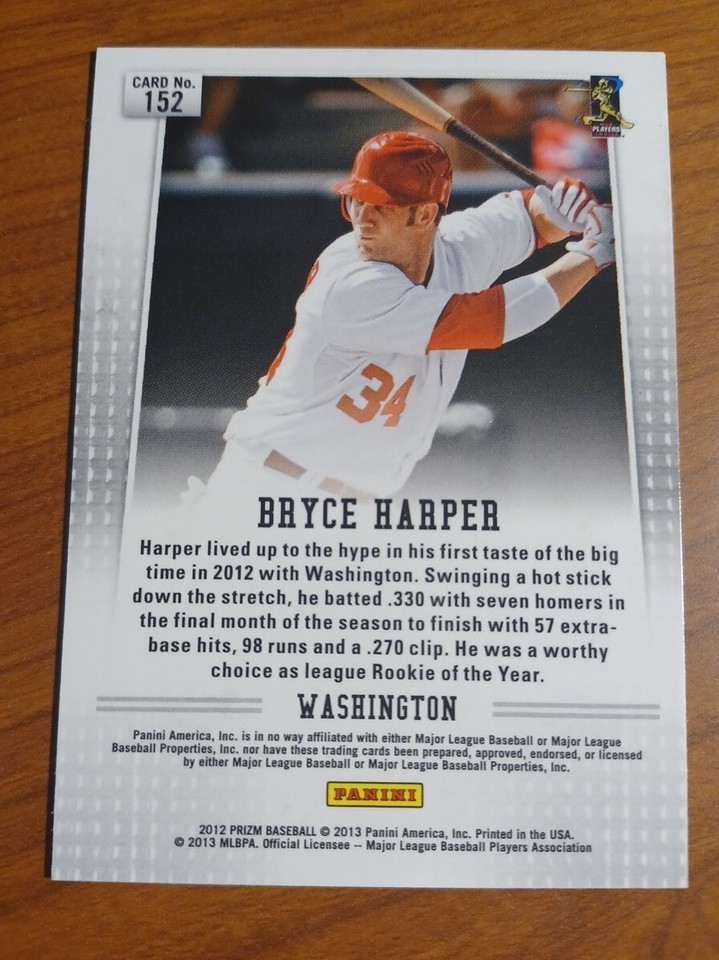 BRYCE HARPER 2012 PANINI PRIZM #152 BASE ROOKIE CARD RC Nationals ...