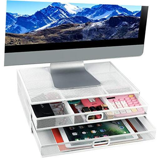 Monitor Stand Riser with Drawer - Mesh Metal Desk Organizer PC, Laptop, White-image
