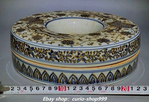8.2" Ming Xuande Blue White Porcelain Gilt Phoenix Bird Circular Chaozhu Box - 第 3/8 張圖片