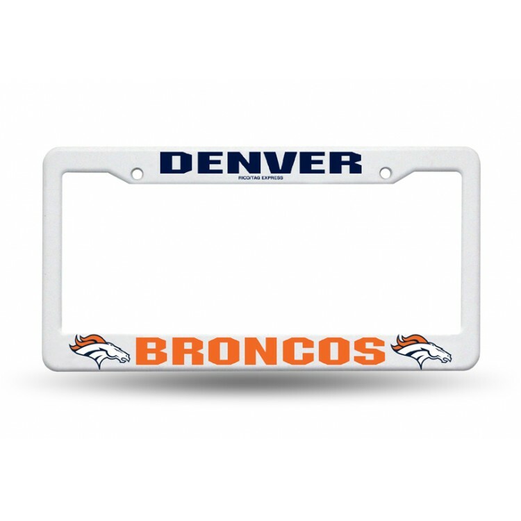 denver broncos nfl football logo white plastic license plate frame usa made