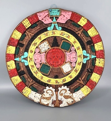 Aztec Sun Stone Ceramic Wall Hanging Calendar Mexico Brown Base Multicolor 12.5''