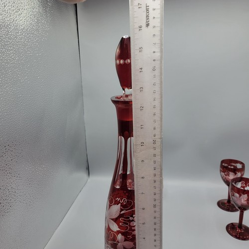 Vintage Egermann Bohemian Ruby Red Cut To Clear Crystal Decanter & 4 Wine - Picture 13 of 13