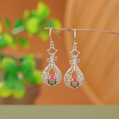 F02 Earrings Musical Instrument with Drops of Jade Sterling Silver 925