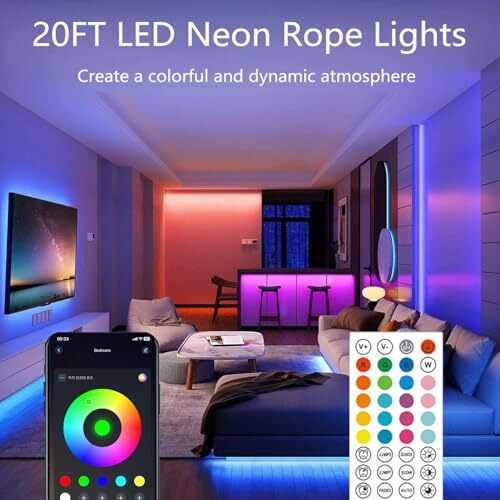 20Ft Neon Rope Lights,Flexible Led Rope Lights Control with - Picture 2 of 7