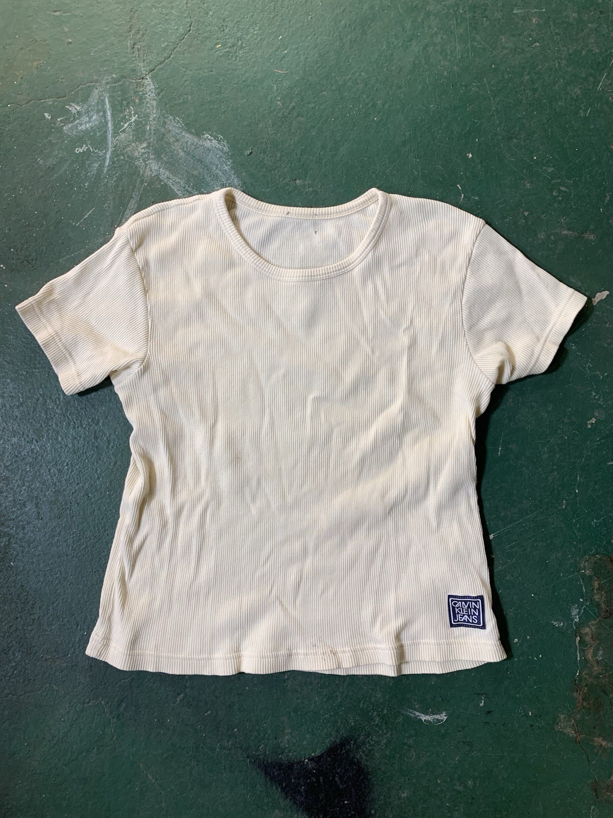 Calvin Klein Jeans Ivory Ribbed Knit Short Sleeve Logo Patch Women's T-Shirt S