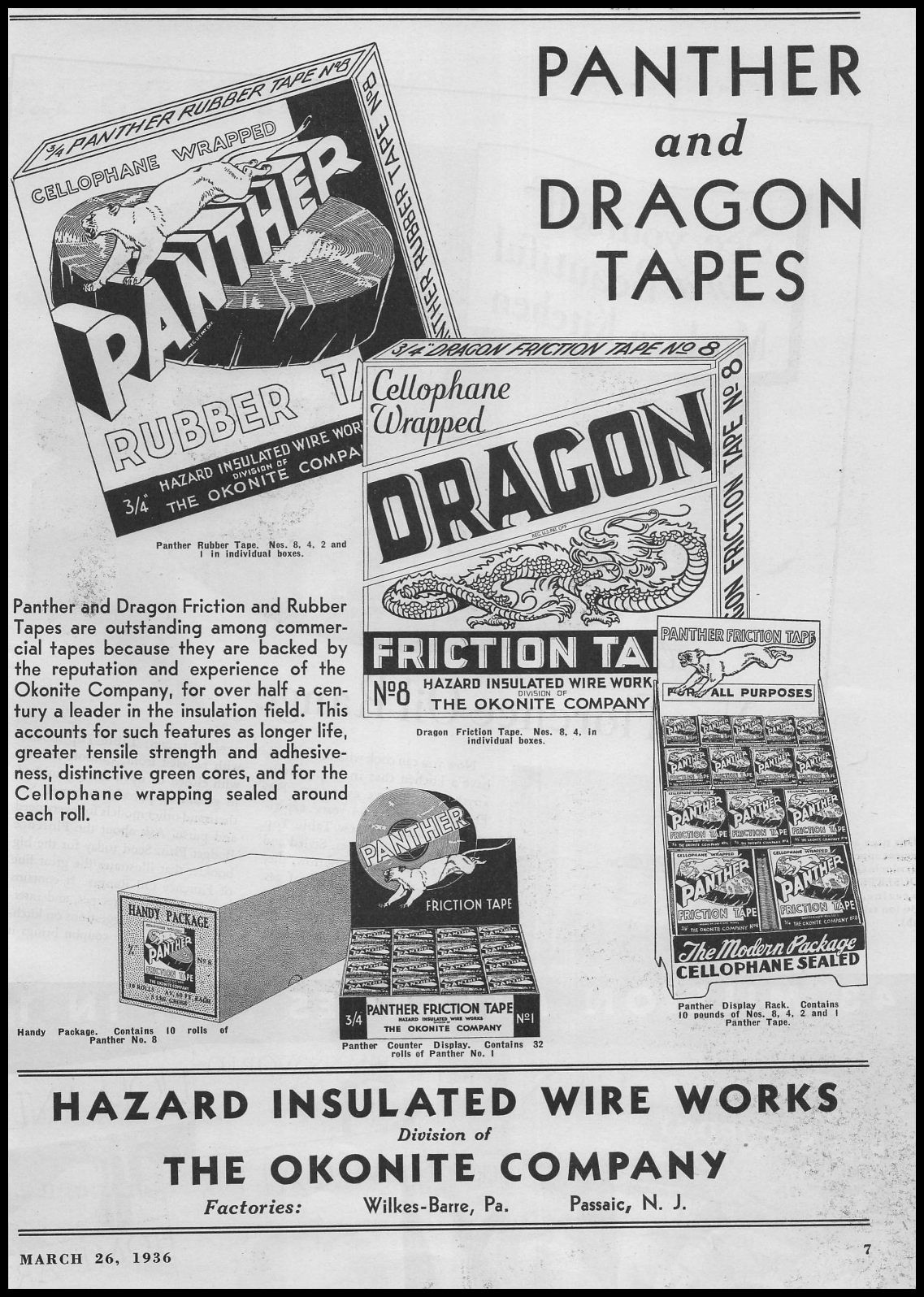 1936 Dragon Friction And Panther Rubber Tape Store Displays Okonite Co. Print Ad