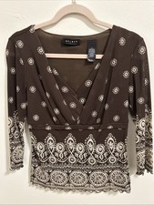 Vtg Axcess Y2k Mesh Fairycore Top Medium Stretch Brown Floral Grunge Blouse