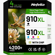 Nefelia 910XL Compatible Ink Cartridges 4-Pack BK/C/M/Y for HP with Chip