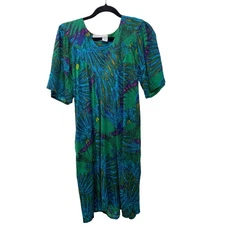 Vtg Sante Classics Tropical Print Dress Green Blue Midi Short Sleeve Festival