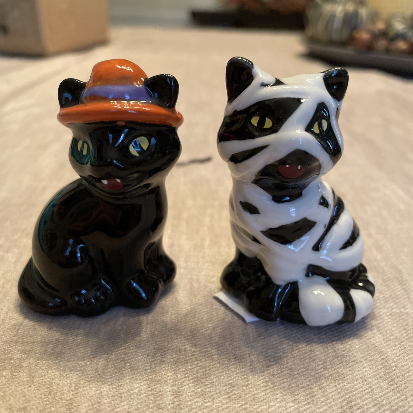 Cracker Barrel Black Cat Halloween Mummy Witch Mini Salt & Pepper Shaker Set4