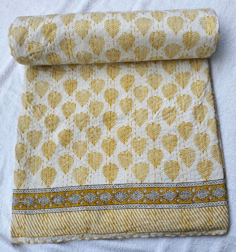Indian Kantha Quilt Cotton Hand Block Print king Kantha Bedspread Blanket Throw
