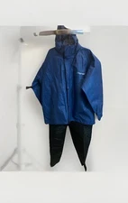 frogg toggs Rain Suit Size L Blue Jacket Removable Hood, Black Pants Lightweight