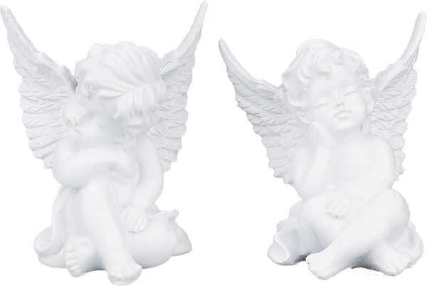 Deko Engel Figur Schutzengel Sitzend 2Er-Set Harz Cremeweiß Dekofigur Engelchen-image