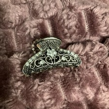 Vintage Pewter Rhinestone Flower Hair Clip Barrette